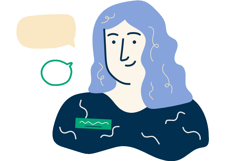 Illustration of person smiling, wearing a name badge with speech bubbles around their head.